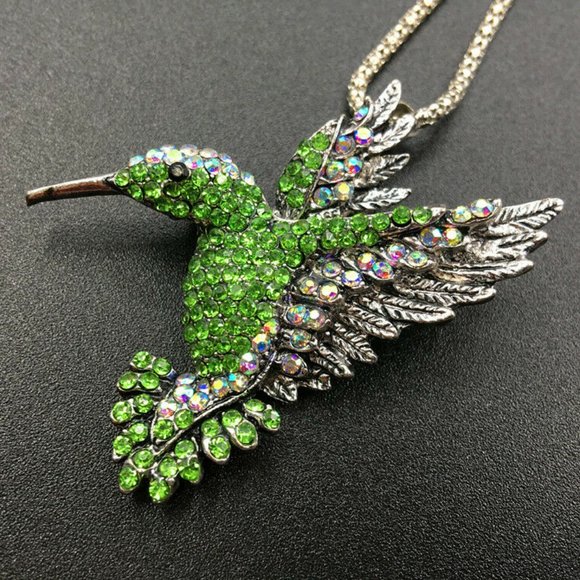Green HUMMINGBIRD Rhinestone Necklace Pndt Brooch - Picture 2 of 7